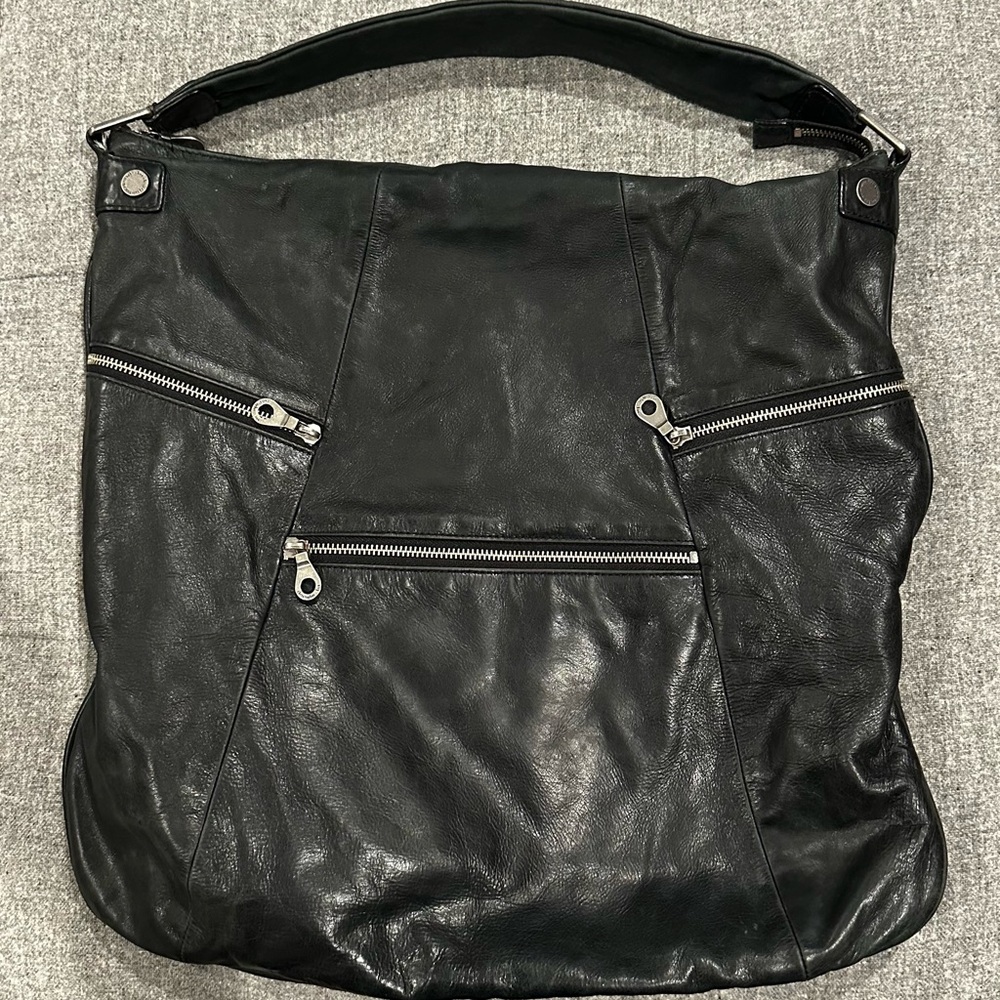 Christopher Kon Black Leather Shoulder Bag with Zipper Accents